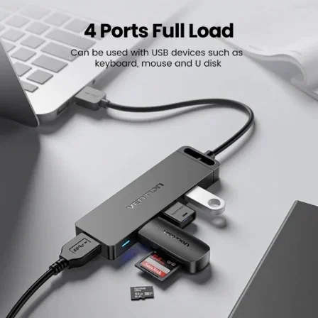 Vention Hub USB 3.0 5 en 1 con 4 puertos USB y 1 puerto USB-C PD, Negro